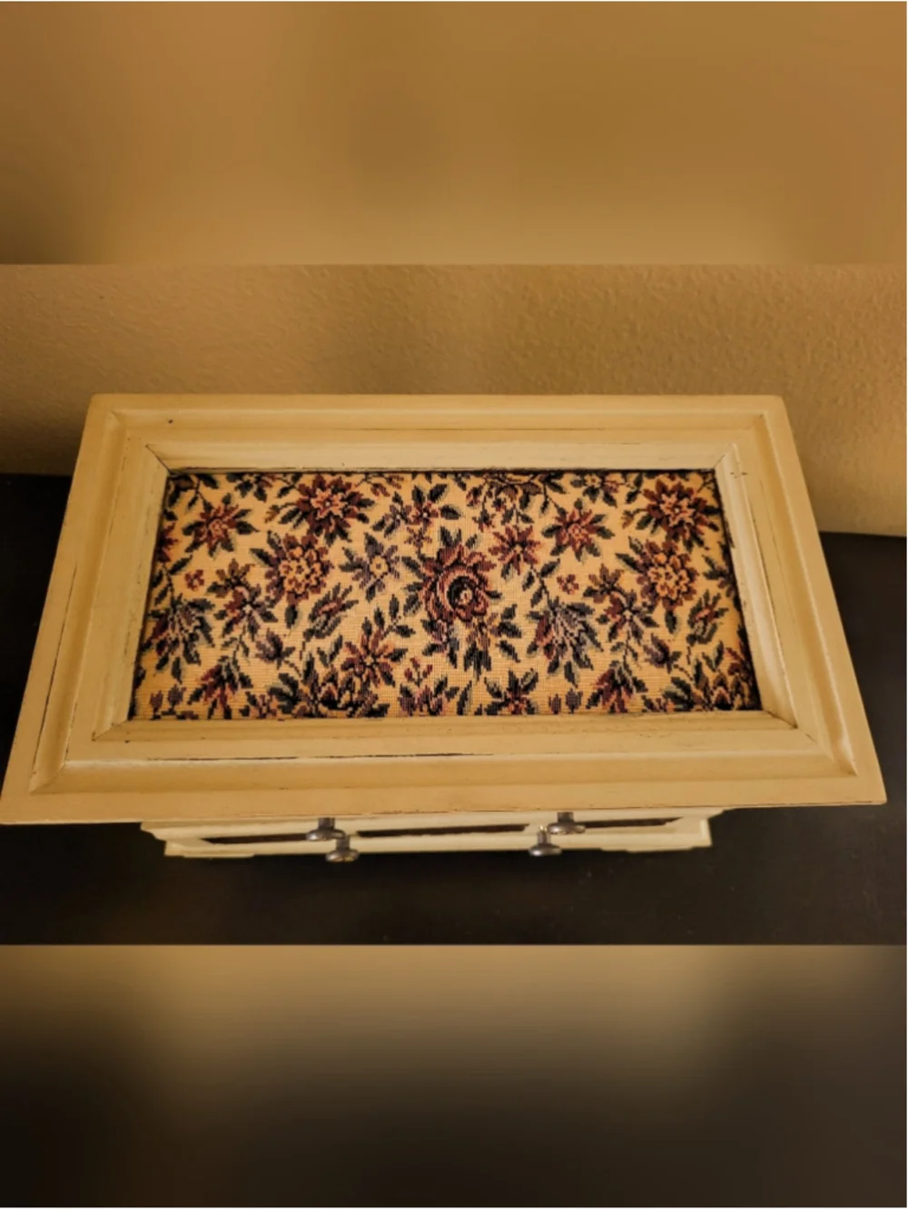 Vintage Music Box Jewelry Chest • Hand-Refinished • Floral Tapestry Panels •